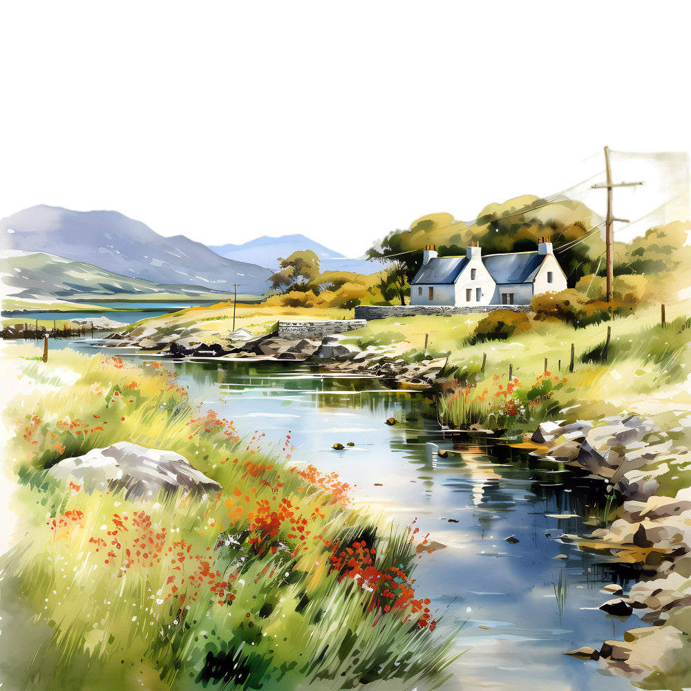 countryside landscape, rural scene, cottage core, scottish highlands, white cottage, rolling hills, mountain vista, wildflowers, red poppies, orange flowers, pastoral, nature scene, water stream, traditional, rustic, farmhouse, peaceful, idyllic, spring, summer, soft blue, sage green, cream white, golden yellow, landscape art, european countryside, british isles, scenic, bucolic, tranquil