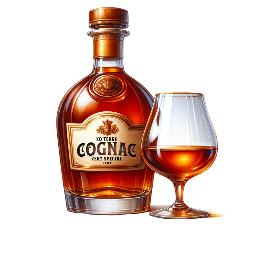 amber, cognac bottle, snifter glass, golden brown, warm tones, alcohol themed, beverage design, realistic illustration, vintage style, luxury spirits, fabric panel, quilting cotton, rich colors, elegant glassware, xo cognac, premium liquor, detailed artwork, sophisticated design, amber liquid, decorative bottle