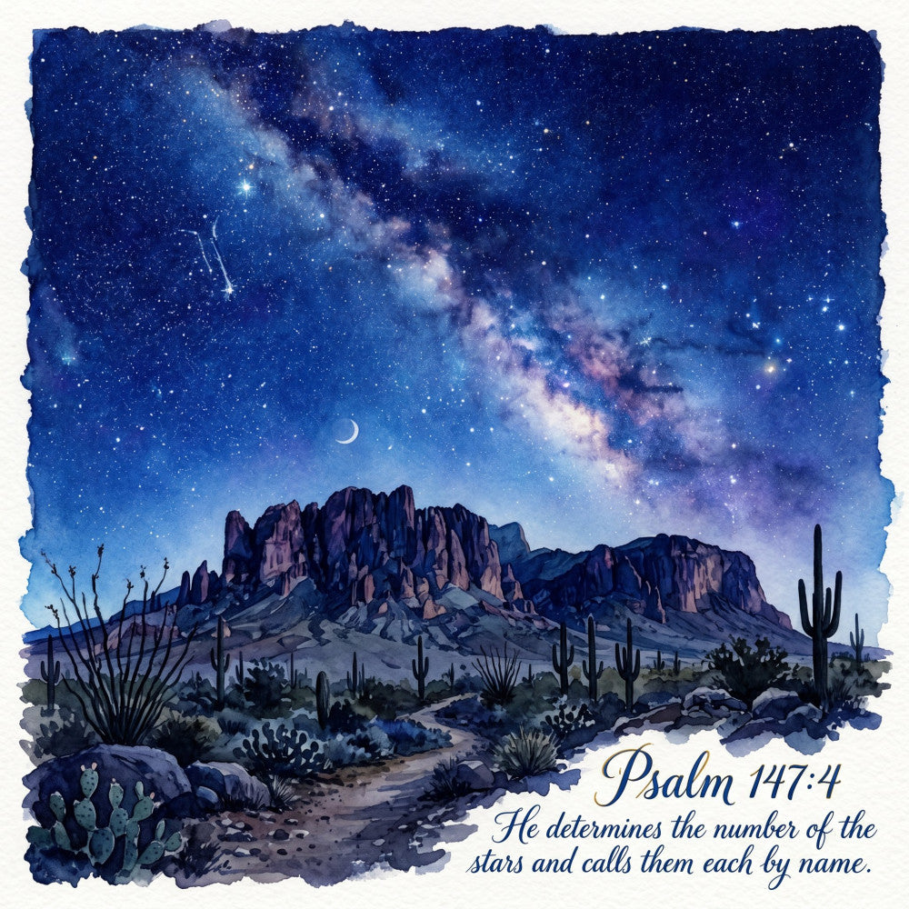 navy blue, deep blue, midnight blue, desert tan, sage green, crescent moon, milky way, starry night, saguaro cactus, desert landscape, mountain range, inspirational quote, scripture, religious, spiritual, celestial, night sky, stars, astronomy, desert flora, southwestern, bohemian, rustic, nature, landscape, contemplative, peaceful, stargazing, nocturnal, psalm