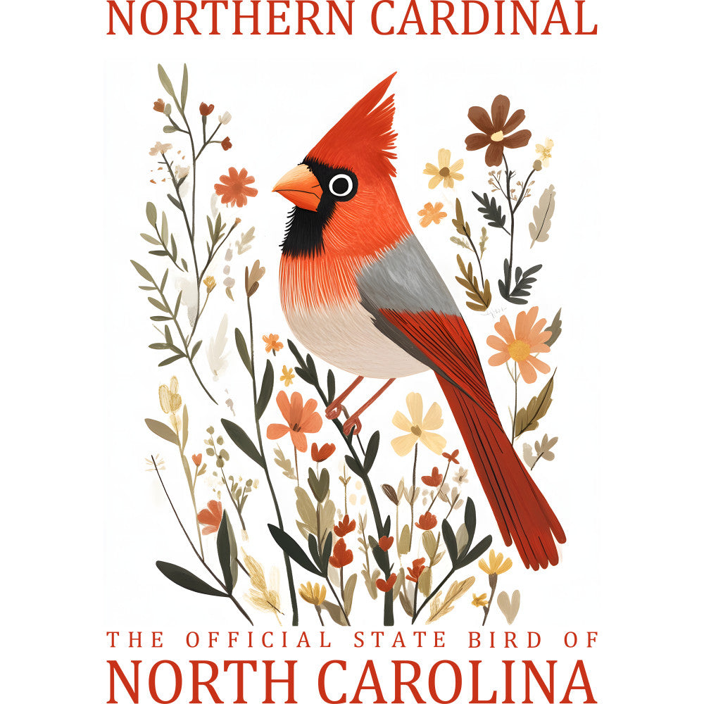 northern cardinal, red bird, orange beak, black mask, botanical illustration, wildflowers, autumn colors, rust orange, sage green, cream white, brown accents, nature scene, state bird, north carolina, fabric panel, quilting cotton, bird artwork, floral elements, folk art style, decorative panel