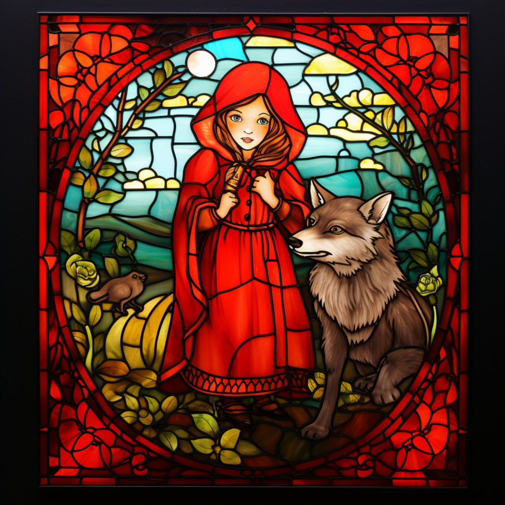 stained glass, little red riding hood, wolf, red cloak, fairy tale, fabric panel, quilting cotton, forest scene, medieval style, vibrant colors, orange red, turquoise blue, golden yellow, brown wolf, hooded figure, woodland animals, decorative border, children's story, fantasy art, cottage core