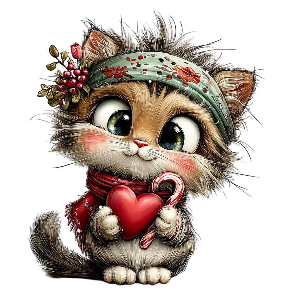 cute cat, whimsical animals, festive holiday, christmas cat, candy cane, red heart, sage green headband, floral crown, berries, autumn colors, brown tabby, large eyes, sweet expression, holiday themed, winter festive, romantic, charming illustration, children's design, nursery decor, decorative panel, cream white, forest green, coral red, rust orange, baby animal, kawaii style, greeting card aesthetic, seasonal decor, gift wrap inspired, illustrated character