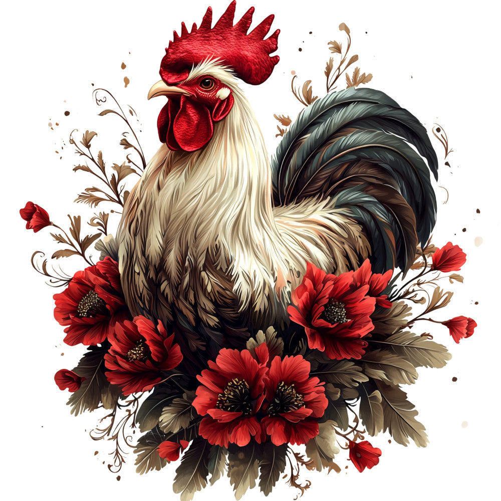 rooster, floral, red flowers, crimson, cream feathers, brown plumage, dark tail feathers, botanical design, decorative flourishes, fabric panel, quilting cotton, farmhouse theme, country style, detailed illustration, realistic art style, garden flowers, poultry art, nature motif, craft fabric, sewing panel