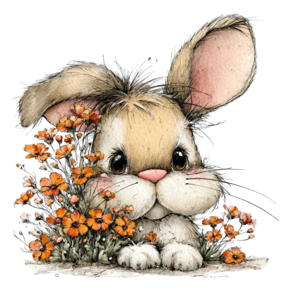 cute bunny, rabbit, orange flowers, cream, tan, beige, pink nose, floral, whimsical, children's, baby, spring, Easter, woodland animals, nature, illustration, storybook, gentle, soft pastels, daisy flowers, marigolds, garden, sweet, playful, nursery, adorable, hand-drawn, vintage illustration, animal portrait, botanical