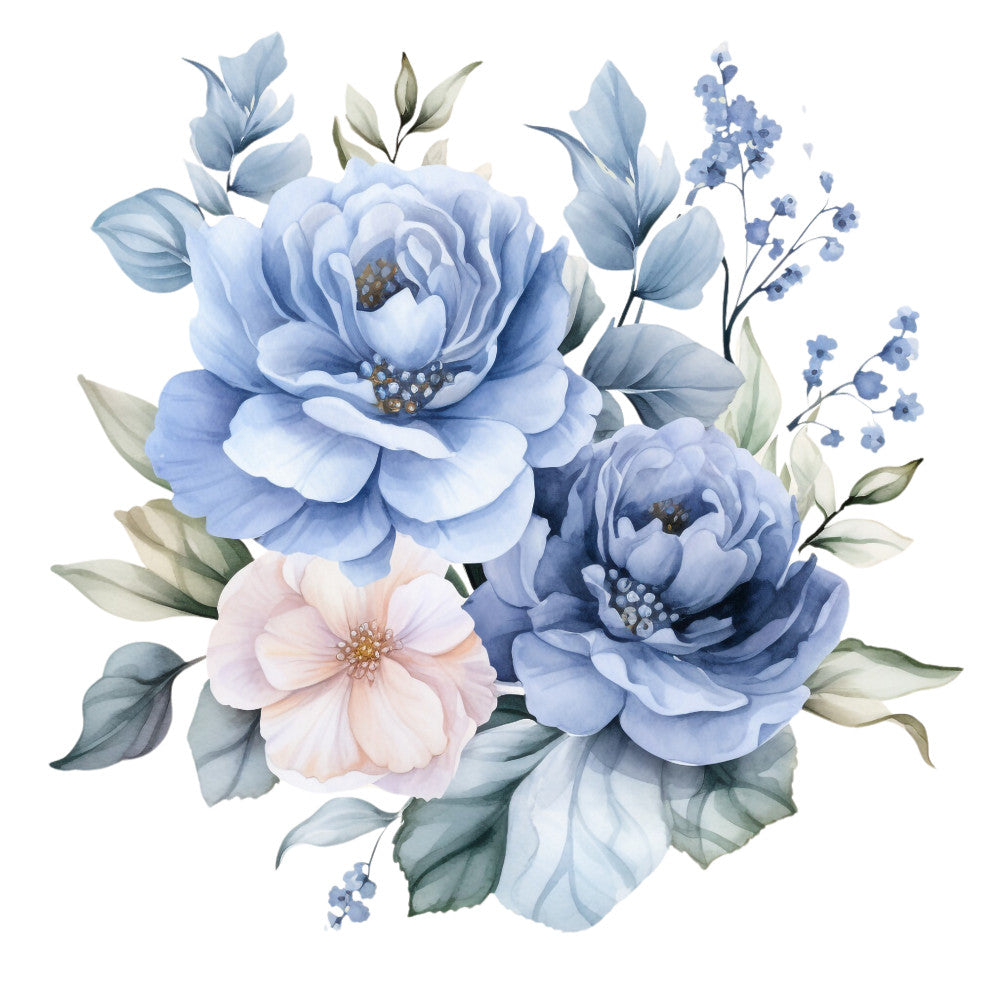 dusty blue, soft pink, watercolor florals, peonies, roses, botanical illustration, delicate flowers, fabric panel, quilting cotton, pastel bouquet, romantic floral, sage green leaves, vintage inspired, shabby chic, powder blue, blush pink, garden flowers, watercolor painting, cotton fabric, floral arrangement