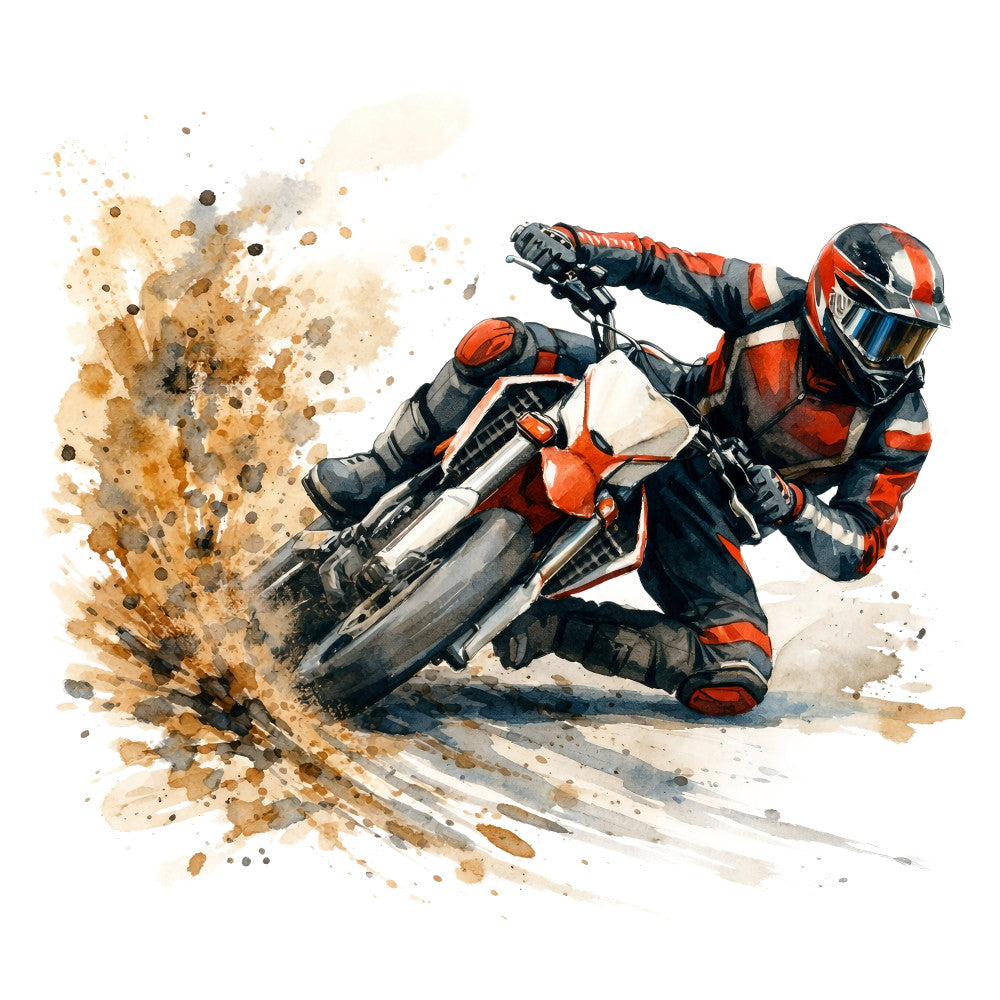 red and black motorbike, dirt bike racing, orange and black, action sports, watercolor splatter, abstract background, extreme sports, motorcycle rider, dynamic motion, dust cloud effect, adventure theme, modern style, contemporary art, sports enthusiast, off-road racing, bold colors, artistic splatter, energetic design, hobby themed, recreational sports, tan and gray accents, cream background, illustration style, daring attitude, speed themed, youth appeal, garage decor, wall hanging, apparel fabric