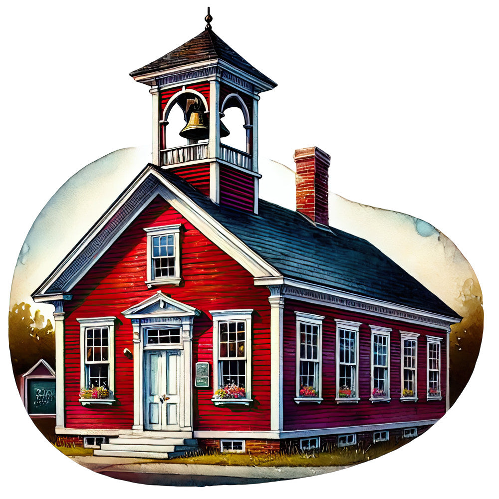 red schoolhouse, bell tower, white trim, colonial architecture, fabric panel, quilting cotton, americana theme, historical building, burgundy siding, multi-pane windows, flower boxes, brick chimney, cupola design, watercolor style, vintage illustration, patriotic colors, country scene, one room schoolhouse, colonial era, rustic charm