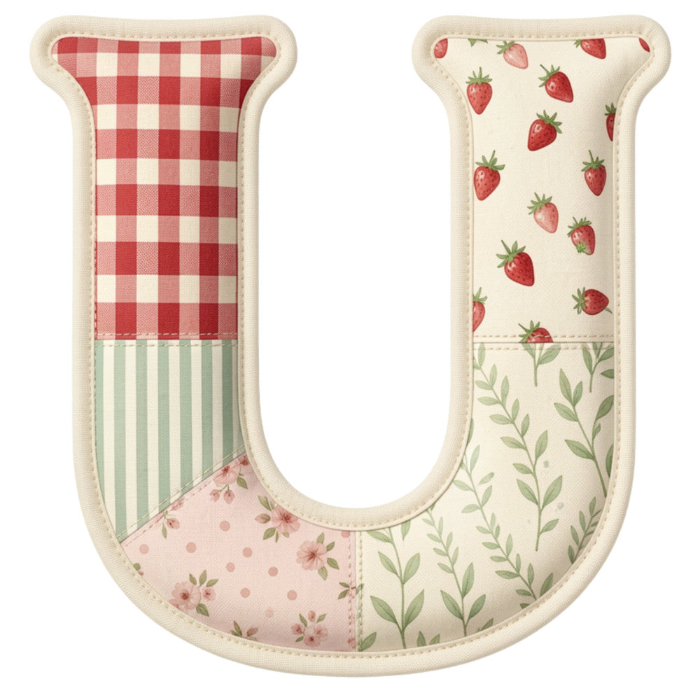 red and cream gingham, strawberry print, cream background, green striped, floral motifs, vintage style, farmhouse aesthetic, cottage core, botanical leaves, small flowers, picnic theme, country style, red gingham check, spring colors, summer theme, garden theme, rustic style, traditional patchwork, quilt panel, letter u shaped, red white green, nature inspired, berry themed, soft feminine, classic print, homespun style, heritage design, folk art