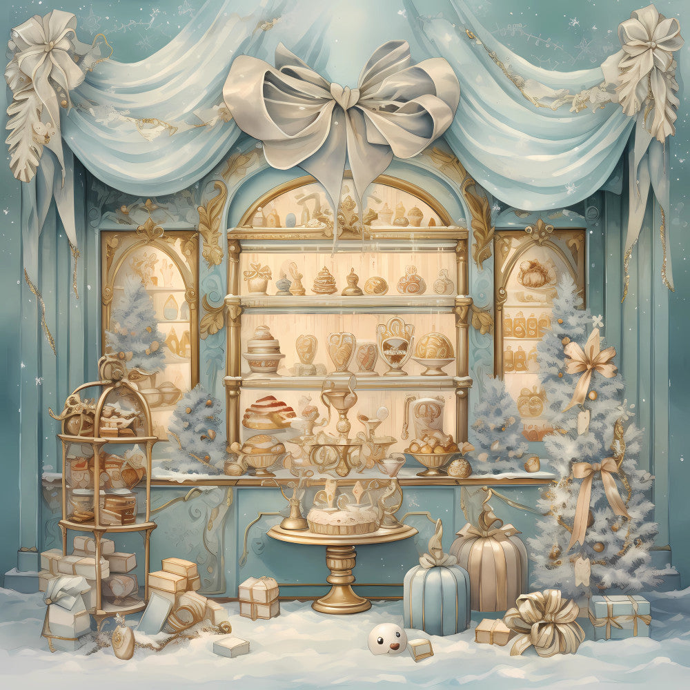 Light Blue and Gold Christmas Fabric Panel 1