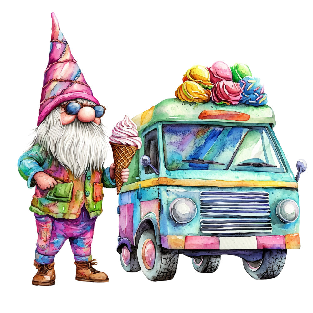whimsical, ice cream truck, gnome, colorful, rainbow, multi-color, bright, vibrant, novelty, quirky, playful, summer, fun, children's, cute, folk art, watercolor, pastel, mint green, hot pink, purple, yellow, blue, whimsy, retro, vintage van, ice cream cone, candy themed, magical, fantasy