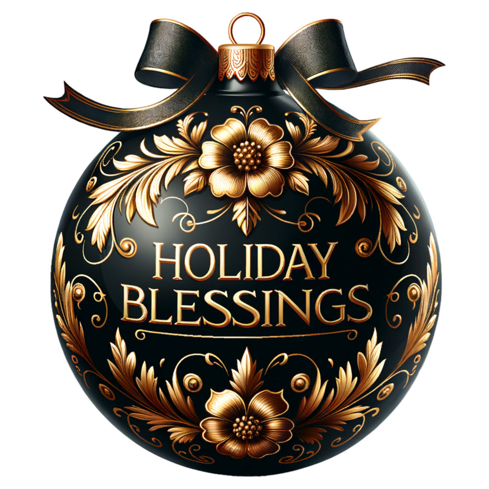 black ornament, gold floral, bronze accents, christmas bauble, decorative ribbon, elegant florals, holiday motifs, metallic details, ornate patterns, swirls, vintage style, sophisticated design, seasonal ornament, fabric panel, quilting cotton, deep black, copper tones, festive elements, ornamental flowers, luxurious appearance
