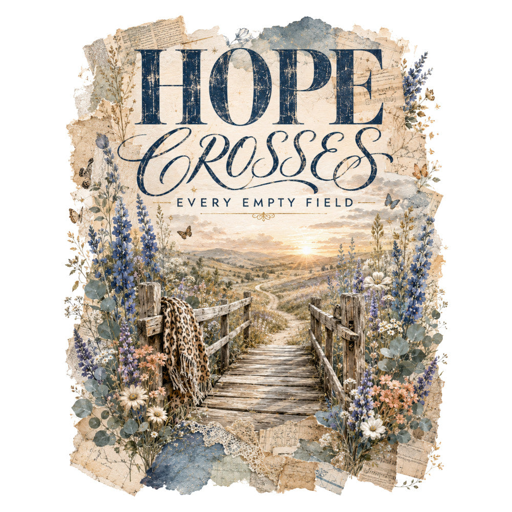 hope crosses, inspirational, wildflowers, lavender, botanical, vintage, rustic, farmhouse, cottage core, literary, nature, floral, field of flowers, wooden bridge, sunset, peaceful, calming, blues, creams, taupes, earth tones, dusty blue, sage green, warm neutrals, motivational, spiritual, countryside, pastoral, daisies, wildflower meadow