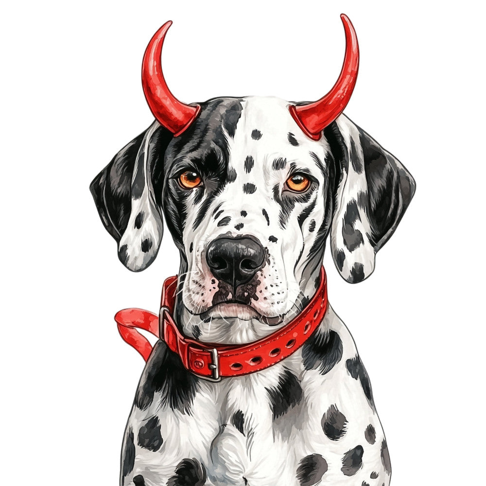 black and white spotted dog, dalmatian, red horns, devil dog, animal portrait, dog with horns, spotted pattern, black and white, coral red, amber eyes, playful, whimsical, humorous, novelty print, fun themed, pet lover, dog breed, character design, bold colors, eye-catching, statement print, costume, halloween inspired, mischievous, detailed illustration, realistic dog art, modern whimsical, contemporary animal