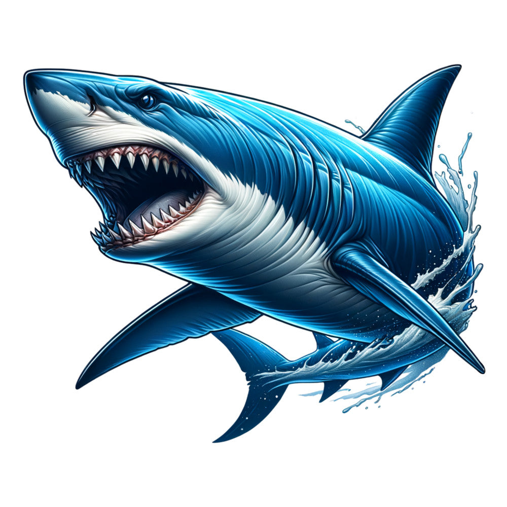 shark, angry shark, ocean predator, blue, navy blue, turquoise, white, gray, sharp teeth, open mouth, water splash, marine life, sea creature, fierce expression, fabric panel, quilting cotton, ocean theme, aquatic design, dramatic artwork, swimming shark