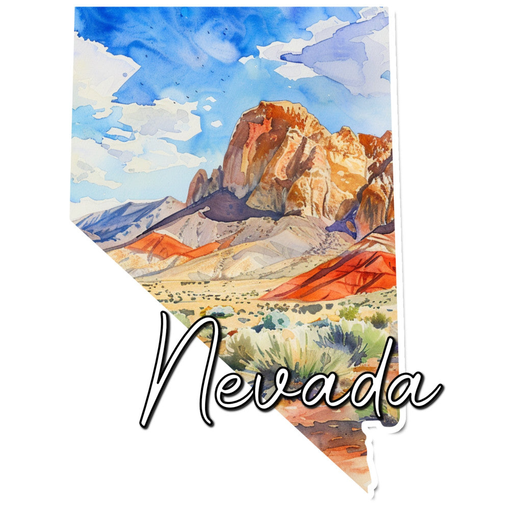 nevada, desert landscape, southwestern, scenic, state map, geographical, desert mountains, rustic, nature, travel, turquoise blue, coral orange, terracotta, warm earth tones, desert vegetation, sage green, golden yellow, cream, landscape panel, americana, vintage travel, western, arid terrain, scenic panel, desert flora, rock formations, architectural elements