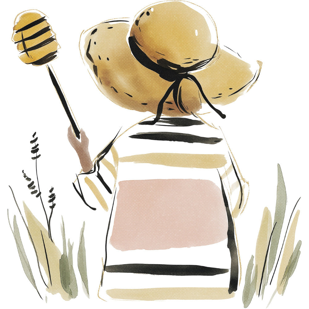 straw hat, beekeeper, honeybee, bee, nature, botanical, wildflowers, grass, spring, summer, whimsical, illustration, watercolor, tan, cream, dusty rose, blush pink, sage green, black stripes, striped pattern, insects, garden, farmhouse, cottage style, natural tones, earthy colors, folk art, decorative, wall hanging, quilt panel