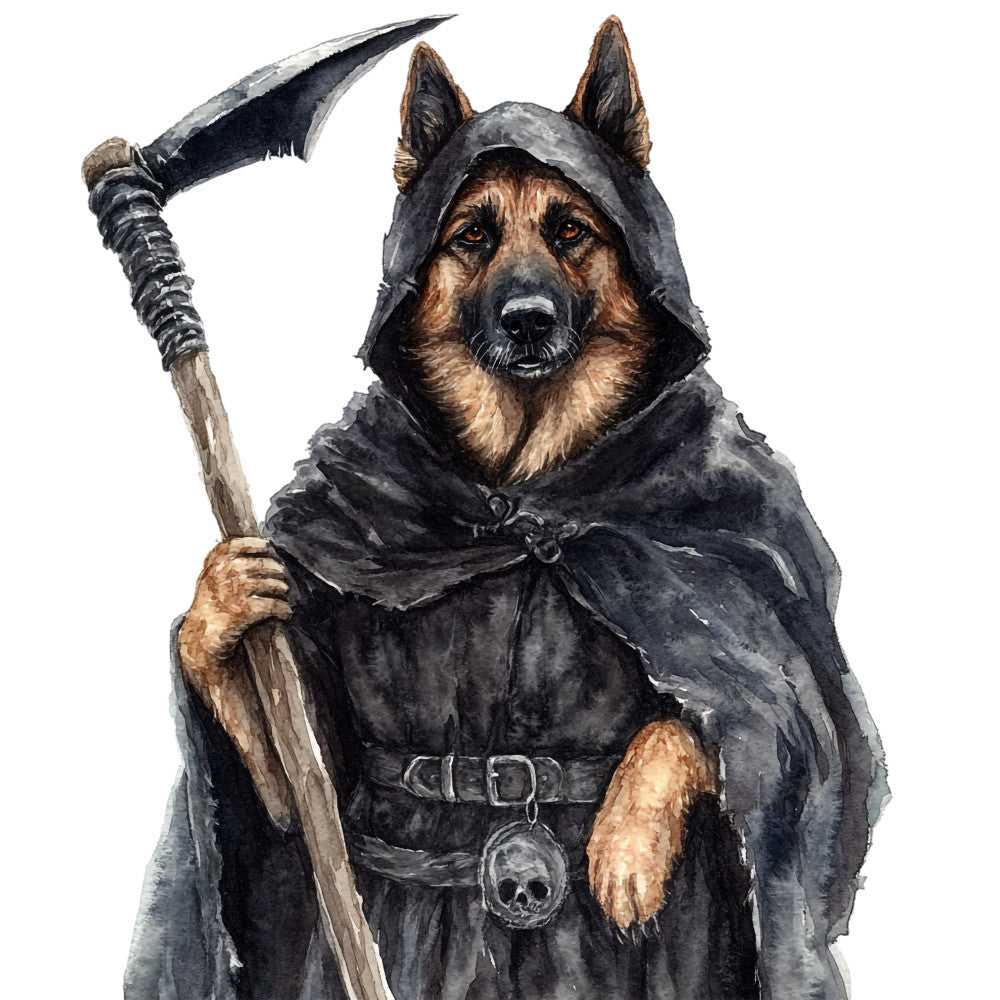 grim reaper dog, german shepherd, skeleton, dark fantasy, gothic, black robe, hooded figure, death personified, anthropomorphic animal, tan and black, charcoal gray, bone white, dark academia, spooky, halloween, macabre, mystical, medieval, warrior, scythe, skull pendant, witchy, fantasy character, whimsical dark, novelty print, character panel, humorous dark, apparel fabric, wall hanging, costume inspiration