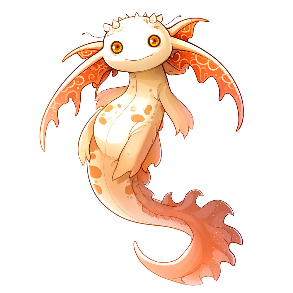 cartoon axolotl, orange gradient, peach tones, coral colors, cream belly, cute salamander, kawaii style, aquatic animal, spotted pattern, flowing fins, adorable creature, fabric panel, quilting cotton, nursery theme, whimsical design, soft pastels, children's fabric, animal illustration, playful mood, craft panel