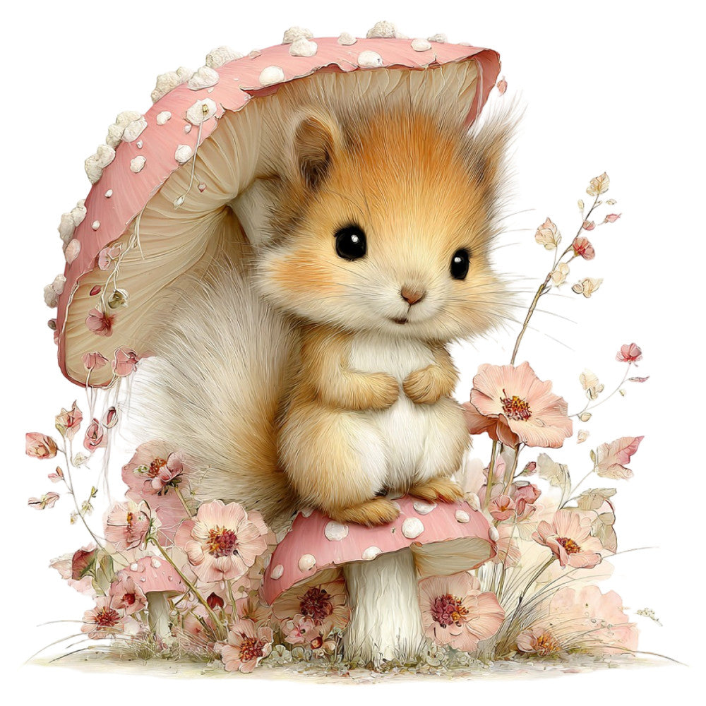 cute animal, fluffy kitten, cat, woodland creature, spring flowers, floral, pink mushroom, toadstool, daisy, cosmos, botanical, whimsical, sweet, pastel colors, dusty rose, coral pink, soft cream, warm tan, golden brown, nature theme, garden scene, fantasy, storybook, children's, baby, delicate, vintage inspired, romantic, gentle, springtime