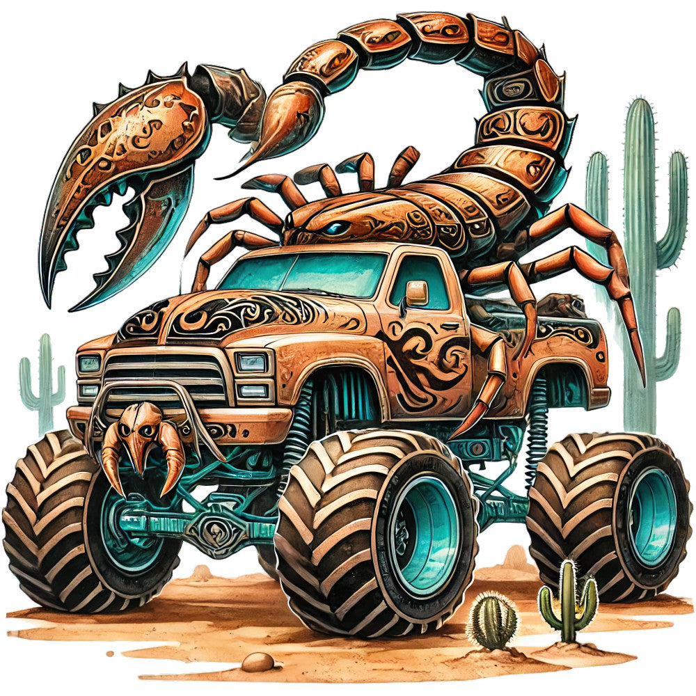 copper, turquoise, bronze, teal, desert tan, burnt orange, scorpion, monster truck, cactus, southwestern, desert, whimsical, steampunk, mechanical, fantasy, armor plating, adventure, rust orange, metallic gold, ornate details, creature design, animal mashup, mixed media style, surreal, bold graphics, novelty print, statement design, boys themes, action adventure