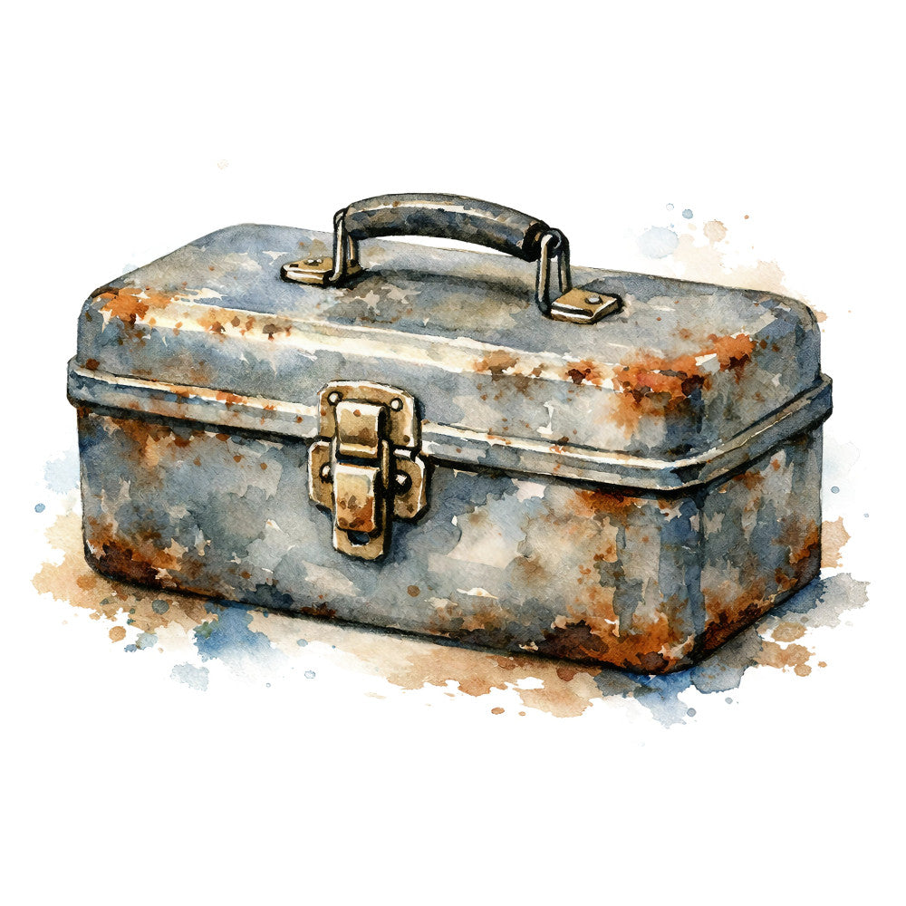 vintage toolbox, rusty metal, distressed, steampunk, industrial, bronze hardware, weathered, antique, storage, retro, grey blue, rust orange, tan, beige, masculine, vintage style, steampunk aesthetic, tool themed, nostalgic, worn finish, patina, metal texture, boho industrial, functional design, cottage core, vintage americana, utility themed, grunge aesthetic, monochromatic, muted tones