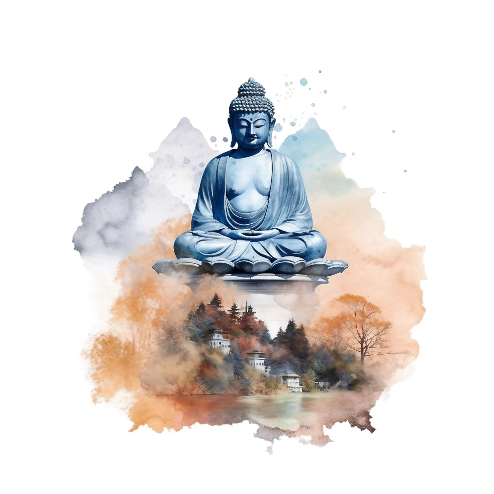 watercolor, buddha statue, meditation pose, lotus position, blue tones, orange hues, gray shades, peaceful scene, mountains, lakeside village, autumn colors, spiritual art, serene landscape, fabric panel, quilting cotton, asian inspired, tranquil mood, contemplative design, nature scenery, flowing watercolors