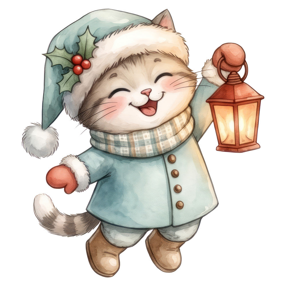 festive cat, holiday, christmas, winter, whimsical, cute animals, light blue, sage green, cream, red, brown, lantern, holly berries, santa hat, cozy, vintage style, cheerful, children's, baby, decorative, seasonal, warm tones, charming, folk art, traditional holiday, festive animals, smile, joy
