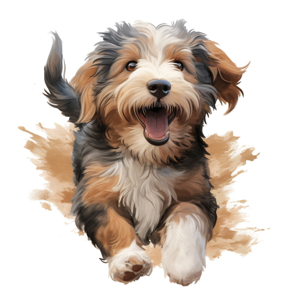 dog, puppy, terrier, doodle, goldendoodle, labradoodle, fluffy, cute animals, pet portrait, brown, tan, cream, white, charcoal gray, warm tones, watercolor, painted, artistic, whimsical, playful, friendly, happy expression, children's, kids, animal lover, pet themed, home decor, wall art, nursery, bathroom
