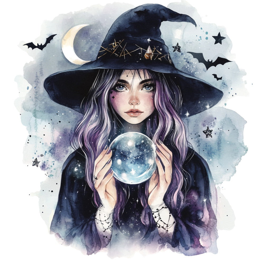 watercolor, witch, purple hair, crystal ball, pointy hat, navy blue, lavender, mystical, celestial, crescent moon, bats, stars, constellation, gothic, magical, fabric panel, quilting cotton, halloween, occult, fortune teller