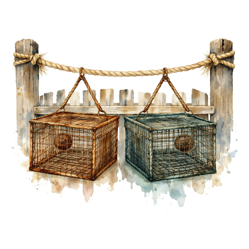 nautical, coastal, fishing, lobster traps, rope, wooden posts, weathered wood, rustic, vintage, seaside, ocean, beach theme, tan, beige, cream, rust brown, teal green, sage green, watercolor, maritime, fishing village, dock, harbor, nautical decor, coastal living, farmhouse, weathered, distressed, ocean life, seafaring