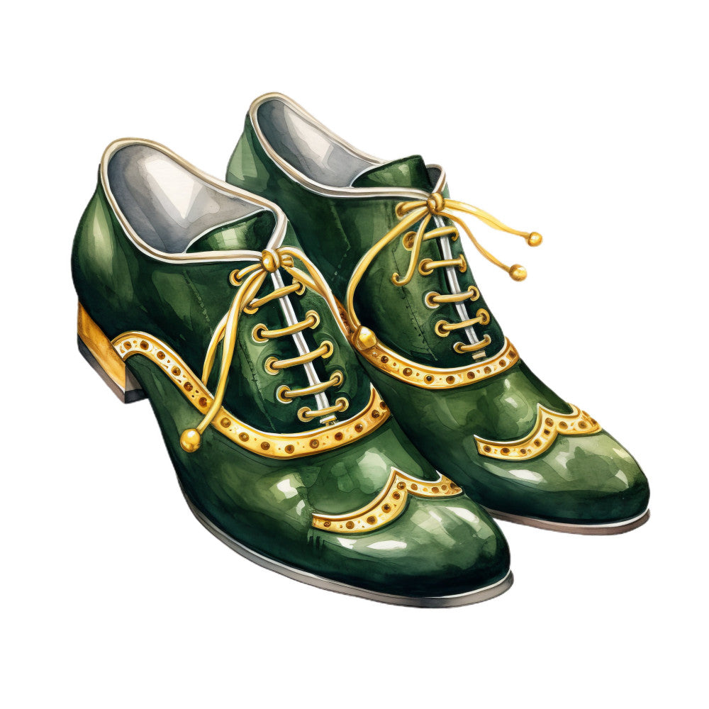 forest green, gold, metallic gold, emerald green, vintage, steampunk, art deco, retro, elegant, whimsical, shoes, footwear, fashion, ornate, embellished, studs, decorative accents, novelty, victorian, illustration, apparel, accessories, statement piece, timeless, glamorous, luxury, ornamental detail, lace-up boots, heel detail