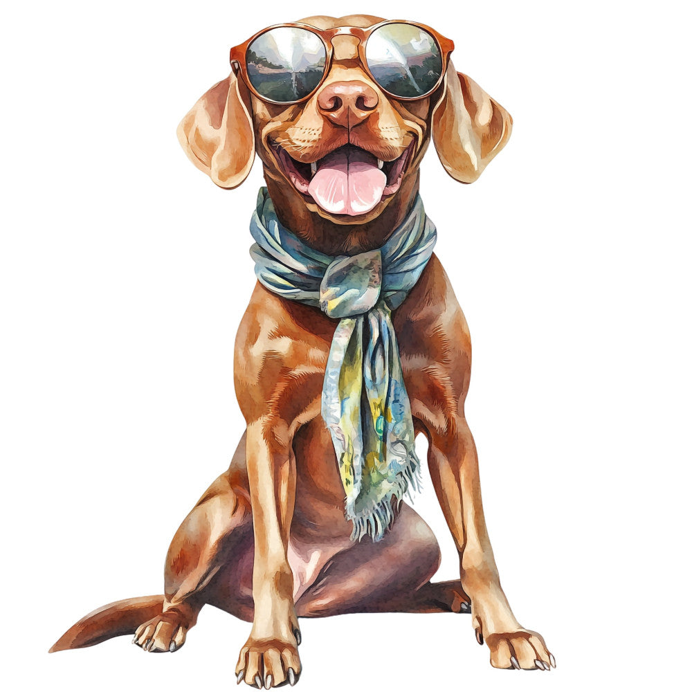 dog, puppy, sunglasses, cool dog, happy dog, brown dog, tan dog, rust brown, golden brown, cream, blue scarf, summer, whimsical, playful, fun, humorous, quirky, animal lover, pet themed, novelty, retro, vintage style, tongue out, smiling dog, cheerful, lighthearted, fabric panel, dog lover gift