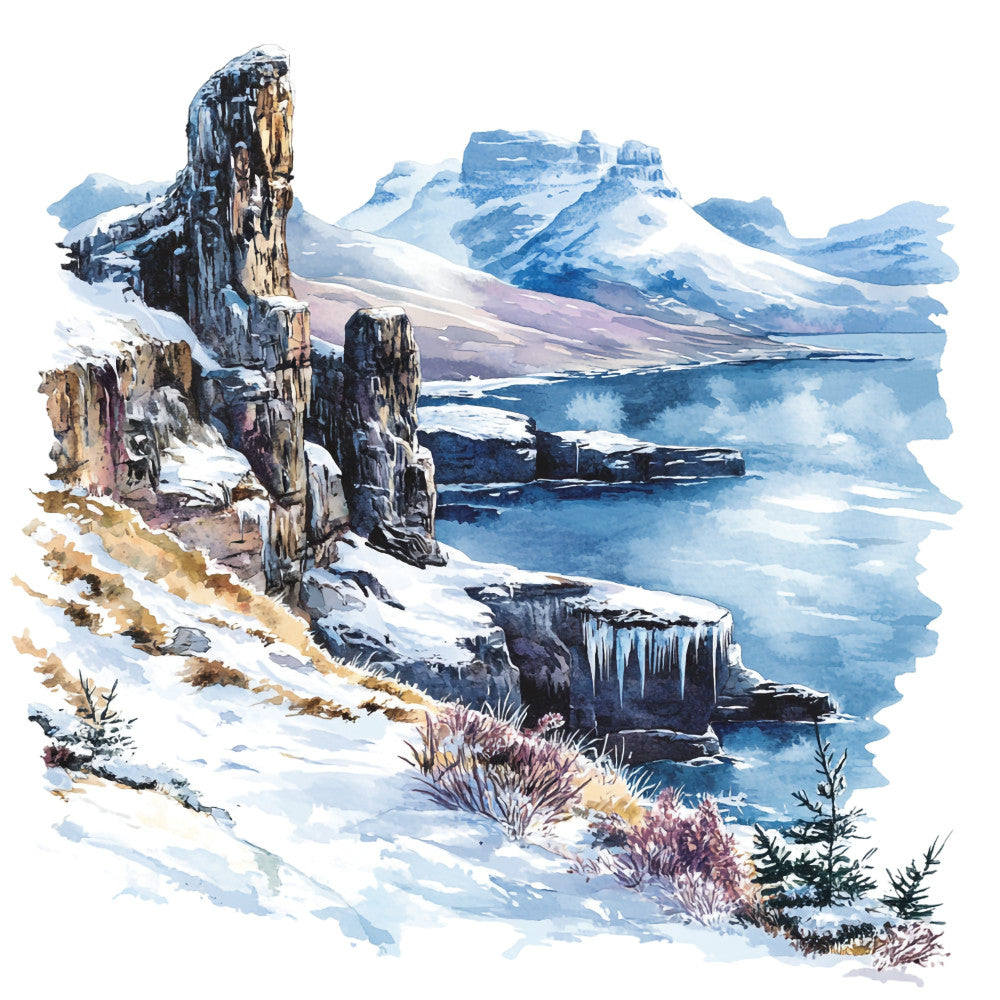 winter landscape, scotland scenery, watercolor style, fabric panel, quilting cotton, coastal cliffs, snow covered mountains, icy blue water, rocky formations, frozen icicles, purple heather, evergreen trees, serene mood, nature scene, cool blues, soft purples, cream whites, golden browns, mountain vista, winter seascape