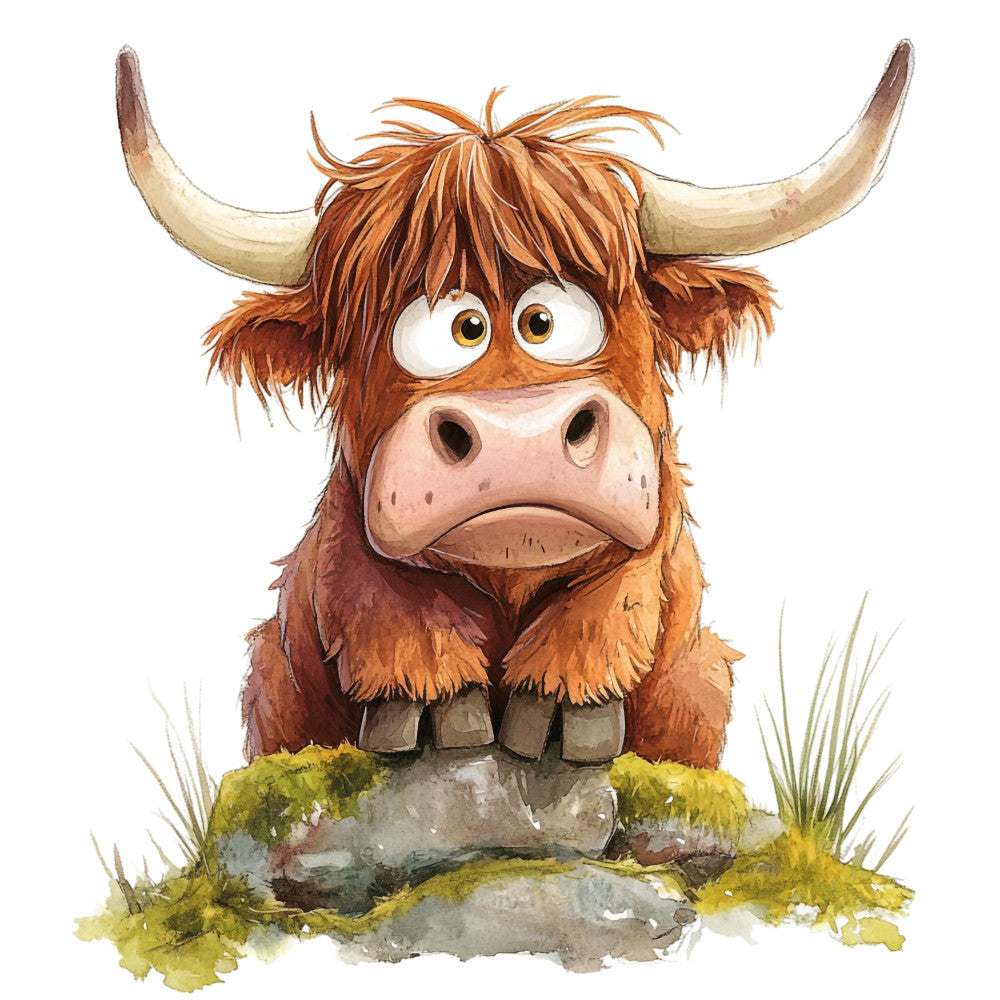 highland cattle, highland cow, scottish cattle, brown, rust, tan, cream, beige, moss green, whimsical, cartoon, cute animals, farmhouse, rustic, children's, kids, animal faces, livestock, farm animals, nature, countryside, horns, long hair, shaggy, humorous, playful, folk art, illustration style, pastoral, rural