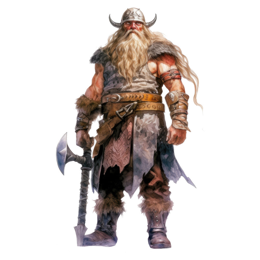 viking, norse, warrior, fantasy, medieval, axe, horned helmet, beige, tan, brown, rust, terracotta, gray, cream, adventure, historical, masculine, bold, fierce, character design, legend, mythology, barbarian, combat, rugged, earthy tones, panel print, costume, action figure, steampunk