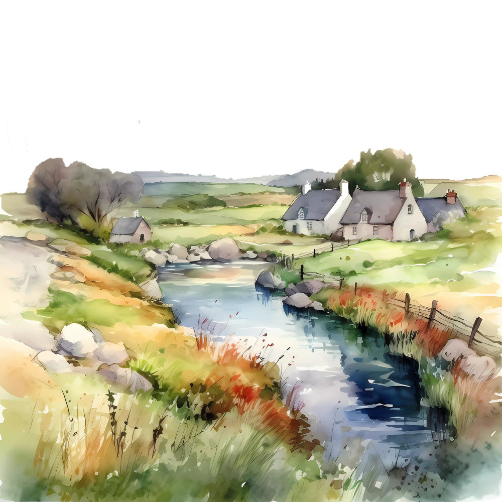 watercolor landscape, countryside cottage, rural farmhouse, rolling hills, pastoral scene, stream creek, meadow grass, sage green, soft yellow, cream, dusty blue, warm brown, autumn tones, rustic charm, traditional landscape, nature scene, english countryside, european village, stone cottage, peaceful scenery, tranquil setting, architectural elements, fence posts, willow trees, spring green, warm earth tones, scenic panel, heritage style, nostalgic design