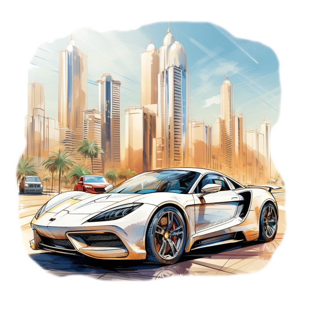 white, silver, blue, beige, orange, golden, sports car, supercar, cityscape, skyscrapers, dubai skyline, palm trees, urban scene, modern architecture, luxury vehicle, automotive, fabric panel, quilting cotton, contemporary art style, desert city, middle eastern, futuristic, sleek design, metropolitan