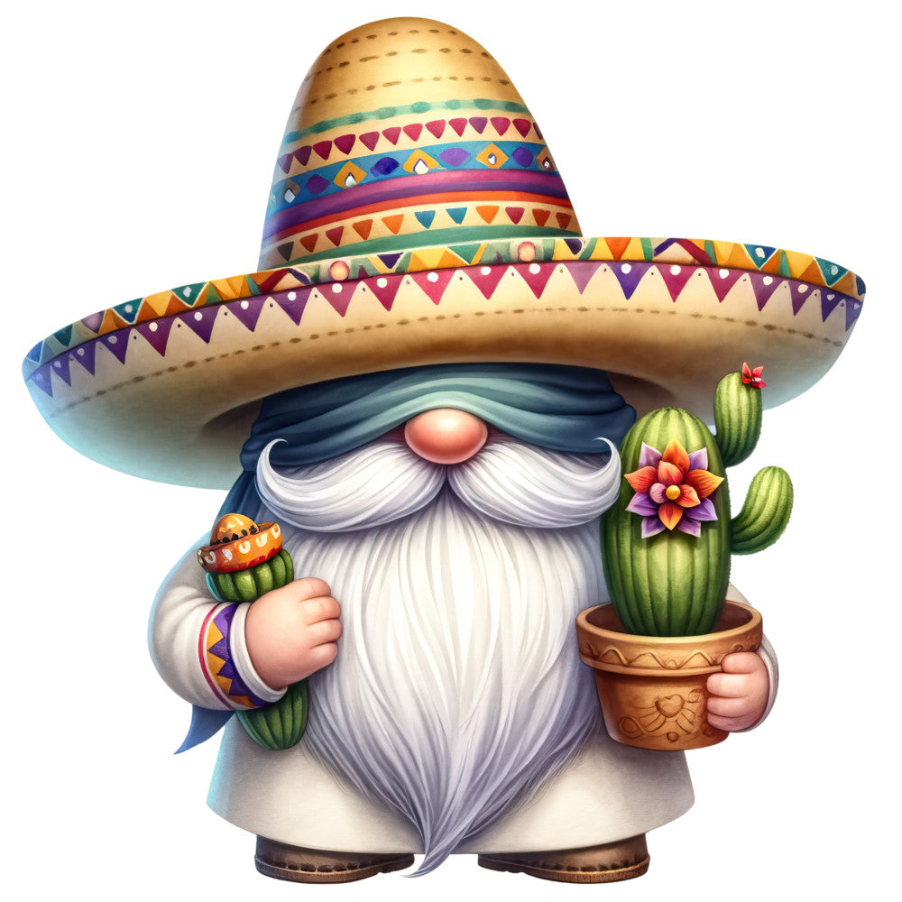 mexican gnome, sombrero, colorful patterns, geometric designs, turquoise, orange, purple, white beard, cactus, flowering cactus, terra cotta pot, mustache, fabric panel, quilting cotton, festive, southwestern style, cartoon illustration, whimsical character, craft project, decorative motifs