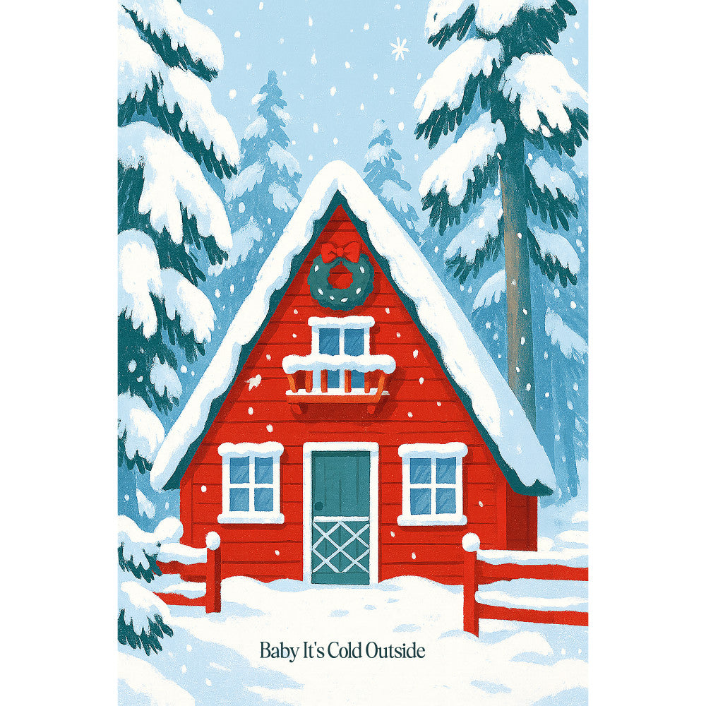 red cabin, winter scene, snow covered trees, evergreen trees, snowy landscape, christmas wreath, fabric panel, quilting cotton, holiday themed, cozy cottage, white snow, teal door, triangular roof, forest setting, festive decoration, winter wonderland, christmas fabric, seasonal quilting, holiday crafting, snowy pine trees
