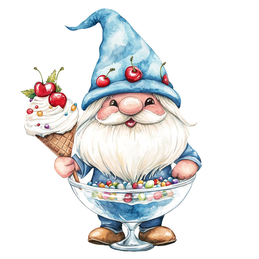 sky blue, white, cream, red, brown, whimsical, gnome, candy, ice cream cone, cherries, colorful beads, pearls, holiday, christmas, winter, festive, sweet treats, dessert, fun, playful, cheerful, magical, fantasy, novelty, character print, food theme, seasonal, children, quirky, charming