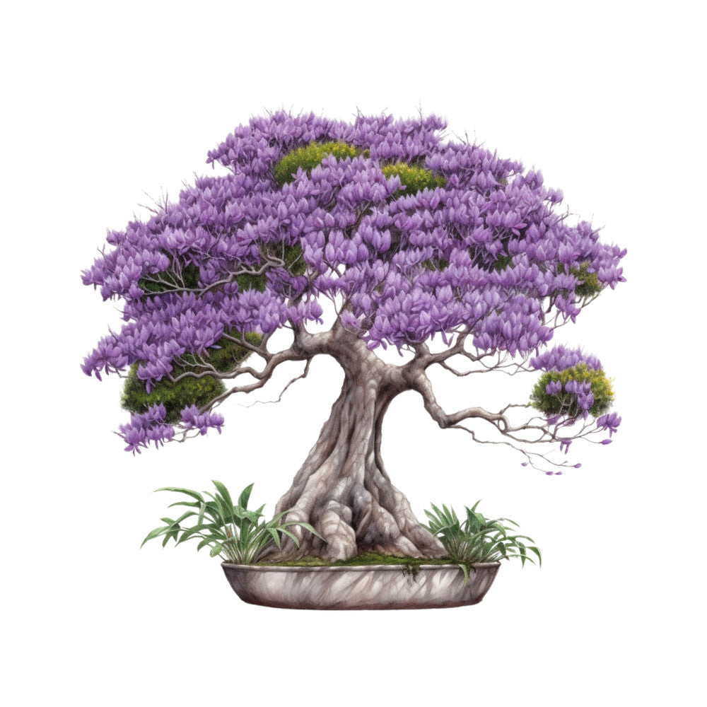 purple, lavender, green, brown, gray, bonsai tree, flowering tree, fabric panel, botanical, nature, zen, japanese style, miniature tree, potted plant, moss, branches, trunk, serene, peaceful, quilting cotton
