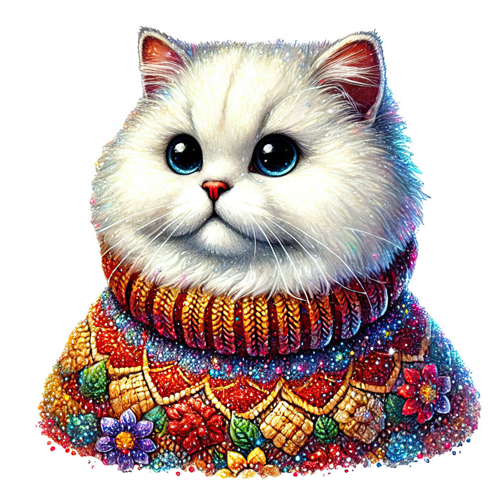 white cat, blue eyes, jeweled sweater, embellished design, whimsical, fantasy, colorful, gold accents, red jewels, turquoise, purple, sparkly, ornate, decorative, animal theme, cat lover, magical, festive, holiday, baroque, jewel tones, multicolor, beaded effect, feline, pet theme, charming, playful, artistic, embroidery inspired