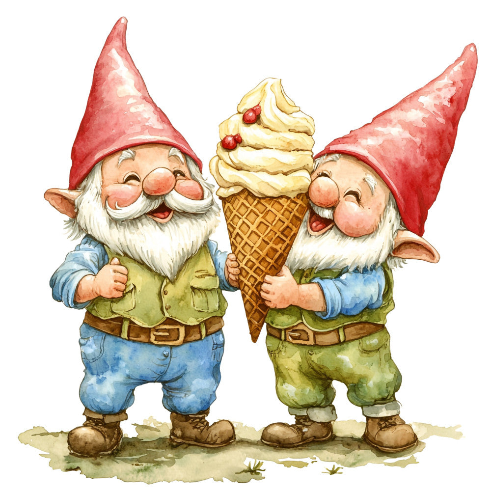 garden gnome, gnomes, whimsical, red hat, blue shirt, green shirt, ice cream cone, dessert, fantasy, storybook, children's, playful, cream white, forest green, sky blue, rust red, cheerful, cute characters, magical, fairy tale, holiday, summer, novelty print, character fabric, figurative, traditional, cottage core, folkloric motif, illustrated
