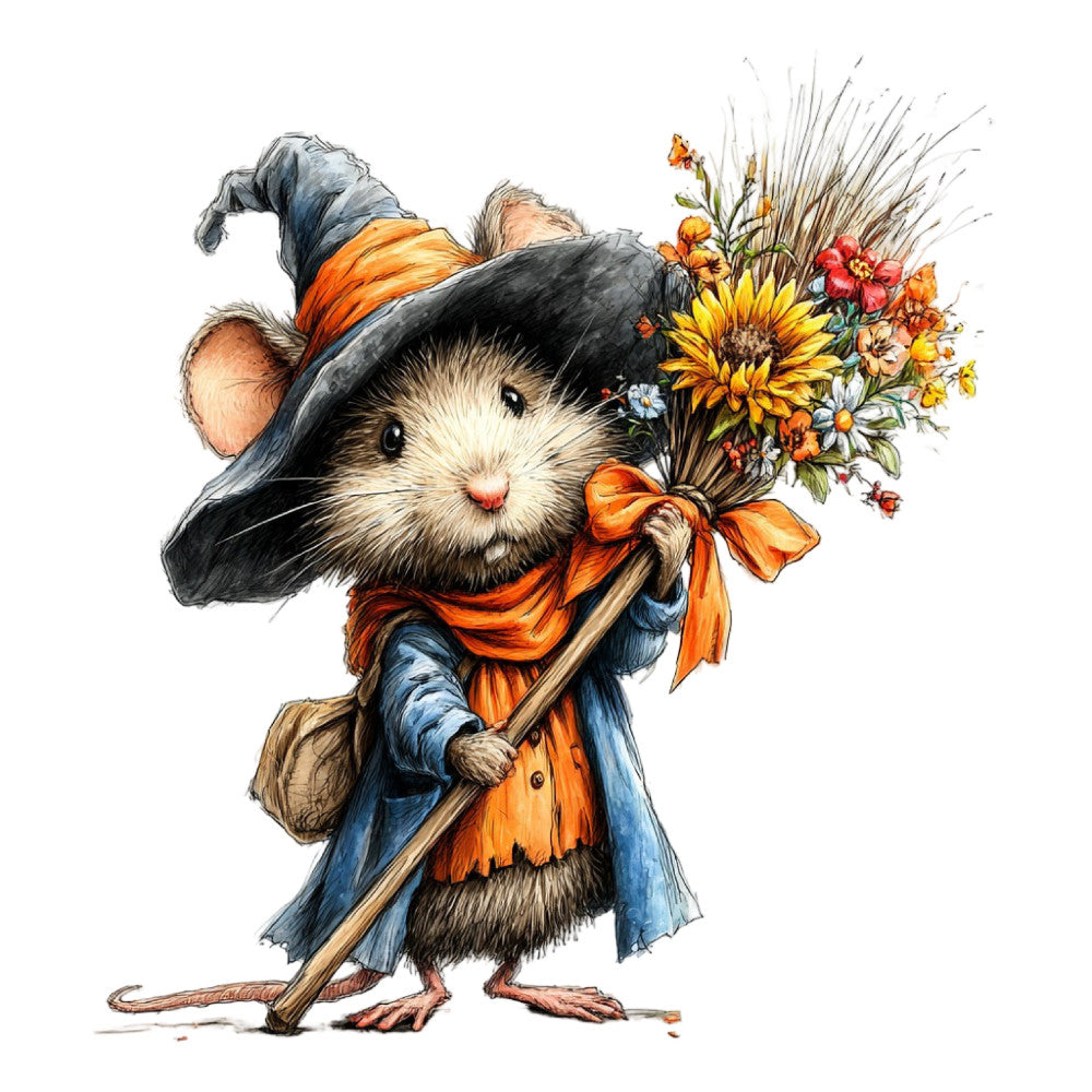 adorable animal, autumn, blue, charming mouse, clothing, cottage core, country, cute character, daisy, fall, fantasy, floral, folk art, garden, golden yellow, harvest, illustration, navy blue, orange, orange ribbon, playful, retro, rustic, storybook, sunflower, traditional, vintage, whimsical, woodland