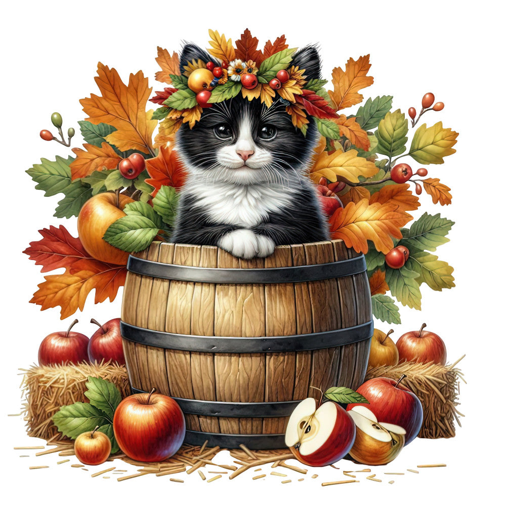 black and white cat, autumn leaves, fall harvest, wooden barrel, apples, red apples, golden yellow, burnt orange, forest green, cream white, rustic, farmhouse, whimsical, festive, autumn florals, daisies, berries, hay straw, nature themed, seasonal, harvest theme, animals, cat portrait, fall colors, warm tones, countryside, traditional, decorative panel, autumn harvest scene