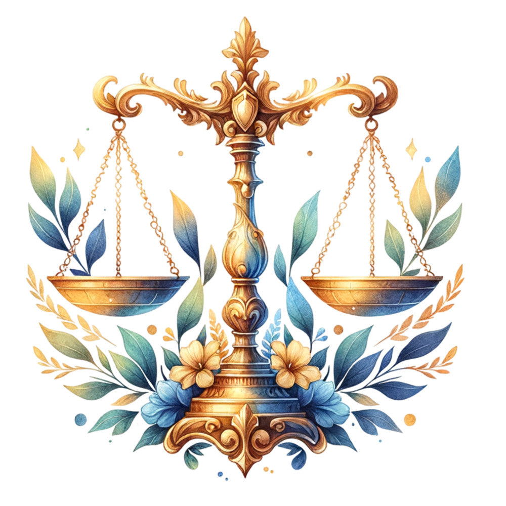scales of justice, libra, legal theme, gold ornamental, teal blue, sage green, golden yellow, cream, floral, botanical, leaves, ornate, elegant, traditional, vintage, decorative, symmetrical, justice symbol, law office, professional, formal, balance theme, laurel wreath, flowers, classic, ornamental design, sophisticated, timeless