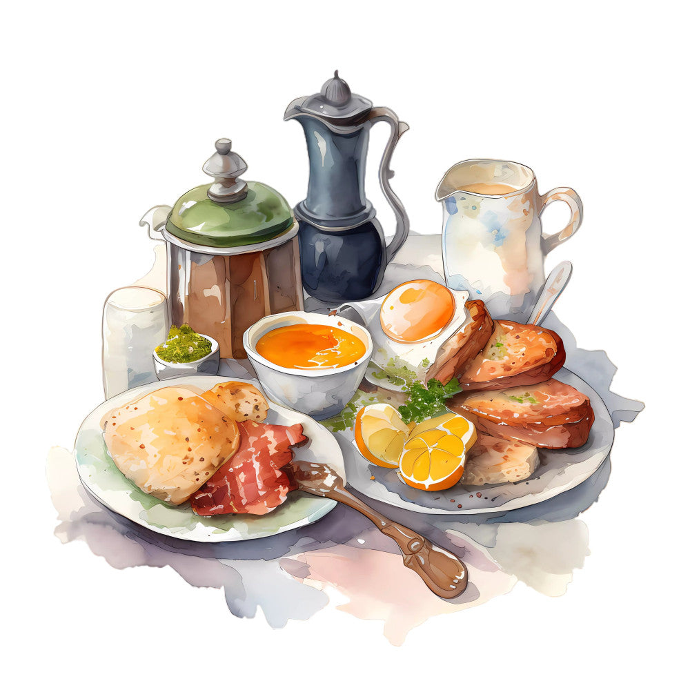 breakfast, brunch, food, orange, cream, navy blue, sage green, warm tones, vintage, elegant, whimsical, traditional, toast, bagel, pastries, bacon, eggs, citrus, pitcher, teapot, still life, kitchen, culinary, retro, classic, morning, breakfast nook, gourmet, cottage core, sophisticated