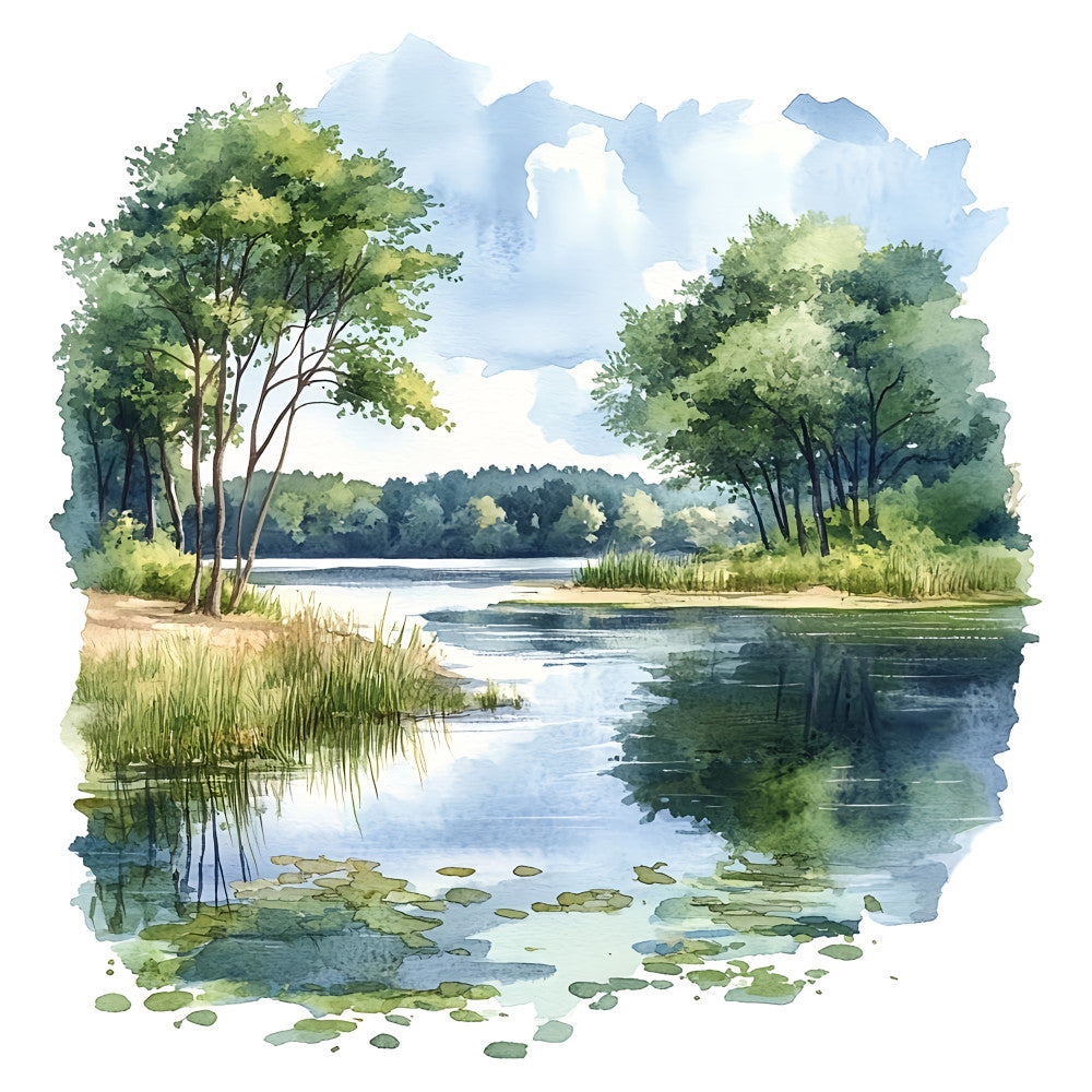 watercolor landscape, nature scene, lake, trees, forest, blue water, lily pads, marshland, scenic, peaceful, serene, soft colors, sky blue, forest green, sage green, cream, beige, tan, nature inspired, outdoor scene, botanical, landscape art, tranquil, rustic, traditional, scenic vista, woodland, wetland, water lilies, naturalistic