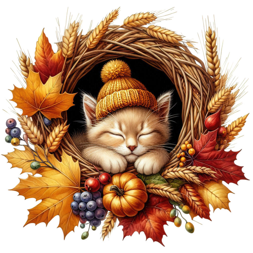 autumn cat, cozy cat, golden yellow, warm brown, rust orange, cream white, red orange, deep red, wheat gold, fall leaves, maple leaves, harvest theme, cat portrait, sleeping cat, peaceful cat, wheat stalks, pumpkin, berries, rustic style, whimsical, farmhouse, nature inspired, forest animal, seasonal, autumn harvest, fall decoration, thanksgiving, woodland creature, cozy aesthetic, traditional