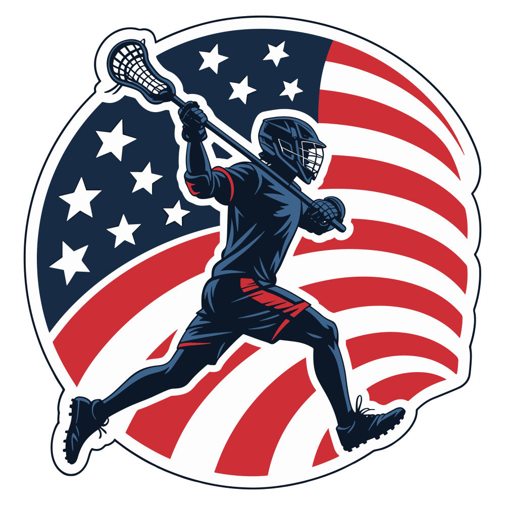 lacrosse, sports, american flag, patriotic, navy blue, red, white, stars, stripes, athlete, team sports, youth sports, boy, action pose, dynamic, modern, bold, competitive, americana, fourth of july, memorial day, independence day, sports equipment, helmet, athletic wear, energetic, motivational, wall hanging, home decor